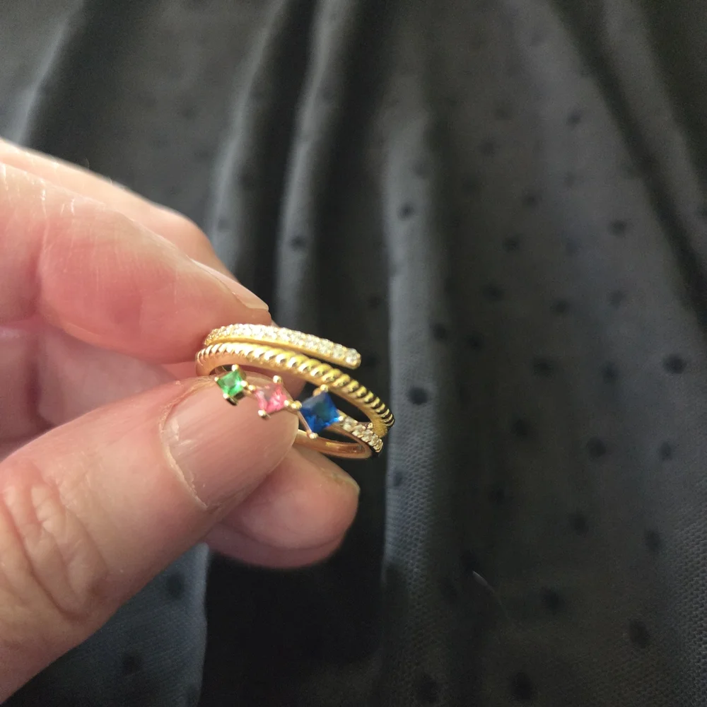 Sterling silver triple loop ring with Blue, Pink and Green Stone - Picture 5 of 12